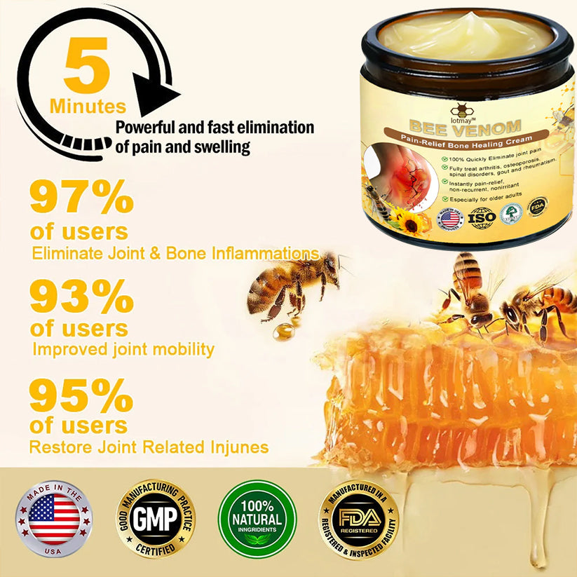 Lotmay™ Bee Venom Pain Relief Bone Healing Cream (𝐓𝐡𝐨𝐫𝐨𝐮𝐠𝐡 𝐭𝐫𝐞𝐚𝐭𝐦𝐞𝐧𝐭 𝐨𝐟 𝐚𝐫𝐭𝐡𝐫𝐢𝐭𝐢𝐬, 𝐧𝐞𝐮𝐫𝐚𝐥𝐠𝐢𝐚, 𝐦𝐮𝐬𝐜𝐥𝐞 𝐩𝐚𝐢𝐧𝐬)